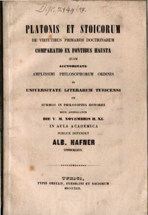 Platonis et Stoicorum de virtutibus primariis doctrinarum comparatio ex fontibus hausta