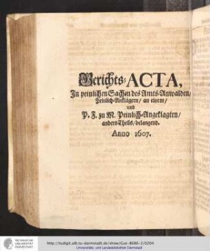 Gerichts-Acta, in peinlichen Sachen des Amts-Anwalden Peinlich-Anklägern an einem und P.F. zu M. Peinlich-Angeklagten anders Theils belangend Anno 1607