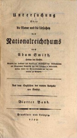 Untersuchung über die Natur und die Ursachen des Nationalreichthums, Vierter Band