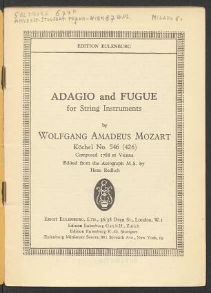 Adagio and fugue for string instruments : Köchel No. 546 (426)
