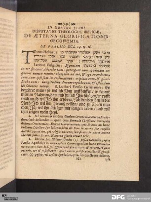 Disputatio Theologiae Biblicae, De Aeterna Glorificationis Oeconomia.
