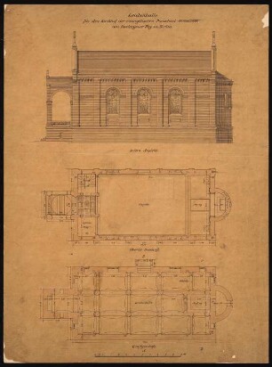 Leichenhalle der Parochialgemeinde, Berlin-Friedrichshain: Grundriss Gruftgeschoss, Kapelle, Aufriss Seitenfassade