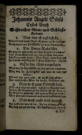 Johannis Angeli Silesi Erstes Buch Geistreicher Sinn- und Schluß-Reimen