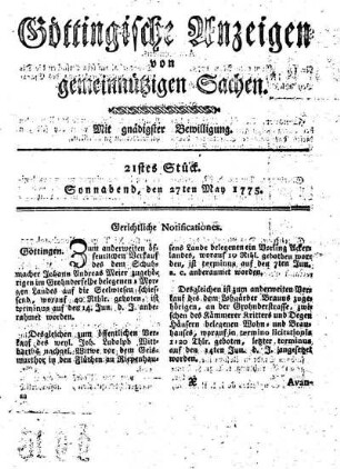 21tes Stück. Sonnabend, den 27ten May 1775.