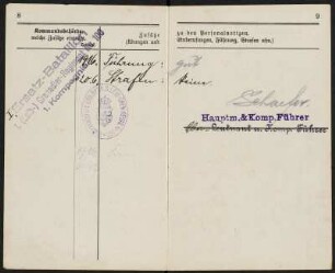 Militärpaß von Max Hermann Angermann : Militärpass, aufgeschlagen, Seite 8 und 9, von Grenadier Max Hermann Angermann (1. Ersatz-Bataillon, 1. (Leib-) Grenadier-Regiment No 100, 1. Kompanie), ausgestellt am 5. Februar 1916, Dippoldiswalde. Dresden: SLUB Mscr.Dresd.Aut.3079