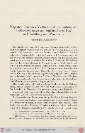 Neue Folge 1926: Magister Johannes Velthen und die sächsischen Hofkomödianten am kurfürstlichen Hof in Heidelberg und Mannheim