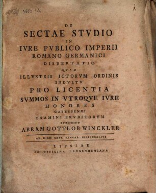 De Sectae Stvdio In Ivre Pvblico Imperii Romano Germanici Dissertatio