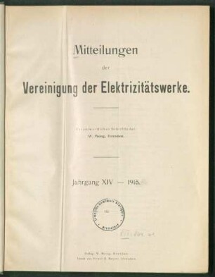 1915, Jg. XIV: Mitteilungen der Vereinigung der Elektrizitätswerke