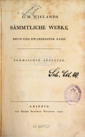 C. M. Wielands Sämmtliche Werke. 29, Vermischte Aufsätze