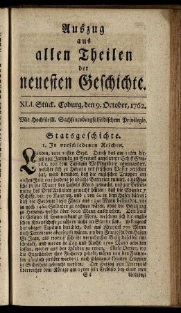 XLI. Stück. Coburg, den 9. October, 1762.