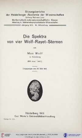 1913, 14. Abhandlung: Sitzungsberichte der Heidelberger Akademie der Wissenschaften, Mathematisch-Naturwissenschaftliche Klasse: Abteilung A, Mathematisch-physikalische Wissenschaften: Die Spektra von vier Wolf-Rayet-Sternen