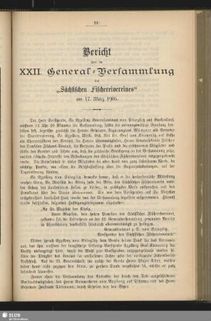 Bericht über die XXII. General-Versammlung des "Sächsischen Fischereivereines" am 17. März 1906