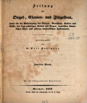 Zeitschrift für Orgel-, Clavier- und Flügelbau : sowie für d. Anfertigung der Geigen, Bratschen, Cellos u. Bässe, d. dazu gehörigen Saiten u. Bogen, ingleichen sämmtl. Blas- u. anderer musical. Instrumente. 2. 1853