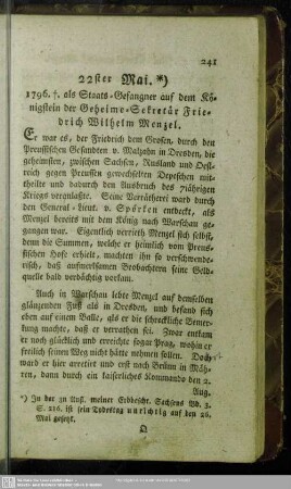 22ster Mai. 1796. †. als Staatsgefangner auf dem Königstein der Geheime-Sekretär Friedrich Wilhelm Menzel