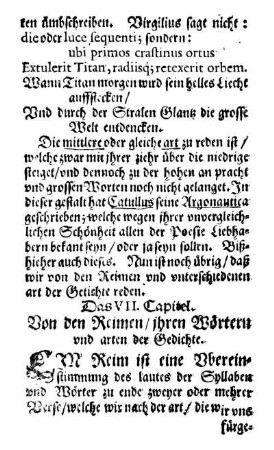 Das VII. Capitel. Von den Reimen/ ihren Wörtern und arten der Gedichte