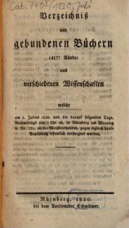 Verzeichniss .... 1830, Juli