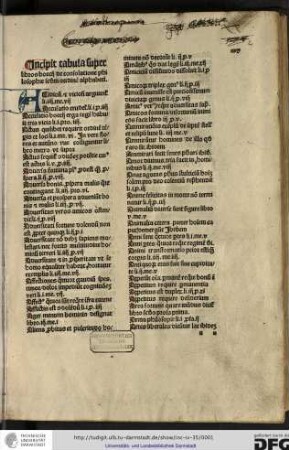 Incipit tabula super libros Boetii de consolatione philosophie secundum ordinem alphabeti.