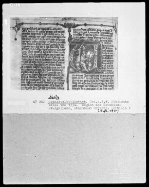 Böhmische Bibel: Initiale V, Beginn des Matthäus Evangelium, Stammbaum Christi