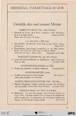 Dienstag, vormittags 10 Uhr: Gemälde alter und neuerer Meister (Nr. 1-101)