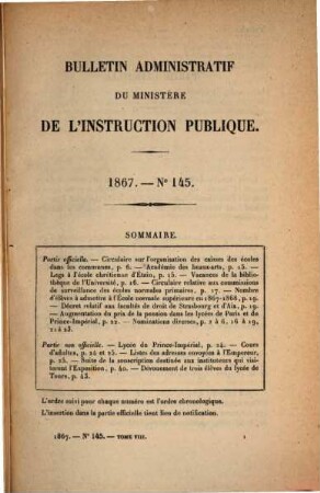 Bulletin administratif du Ministère de l'Instruction Publique, 8. 1867
