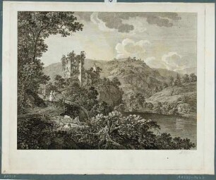 Tharandt, Blick auf die Burgruine, die Berg- und Stadtkirche und den Schlossteich rechts, aus Zinggs Kupferstichwerk