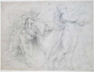 Dionysos stützt einen trunkenen Silen, dem eine Mänade voraustanzt (nach dem Krater Borghese im Louvre)