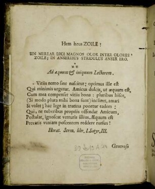 Hem heus Zoile! - Ad æquum & iniquum Lectorem.