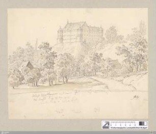 Schloss Warthausen mit einem Theil des Dorfs : 29. Aug. 1813; von der Straße v. Ehingen her
