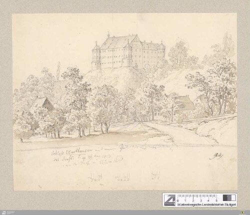 Schloss Warthausen mit einem Theil des Dorfs : 29. Aug. 1813; von der Straße v. Ehingen her