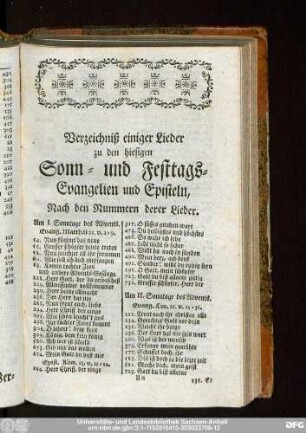 Verzeichniß einiger Lieder zu den hießigen Sonn- und Festtags-Evangelien und Episteln, Nach den Nummern derer Lieder.