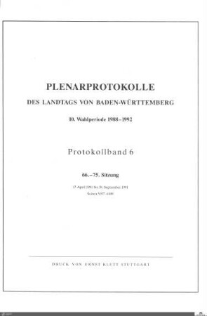 64: Landtag Baden-Württemberg, Protokolle, 1991, Bd. 6