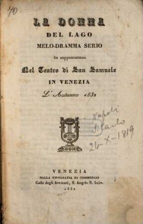 La donna del lago : Melo-dramma serio