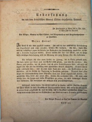 Lettre adressée par les Magistrats de la ville libre d'Empire de Francfort sur le Mein à M. le Général français Custine