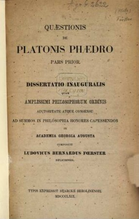Quaestionis de Platonis Phaedro pars prior : Diss. inaug.