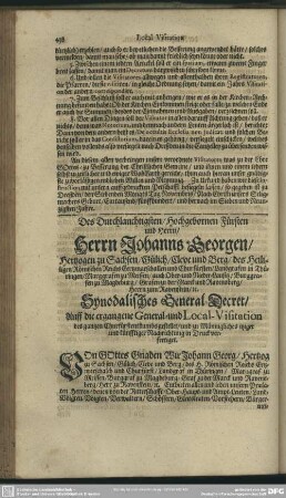 Synodalisches General-Decret, Auff die ergangene General- und Local-Visitation des gantzen Churfürstenthumbs gestellet, und zu Männiglicher itziger und künfftiger Nachrichtung in Druck verfertiget