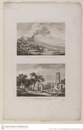 Blatt mit zwei Drucken; oben: Blick auf den Vesuv von Portici; unten: Die Kirche von Resina am Fuß des Vesuvs