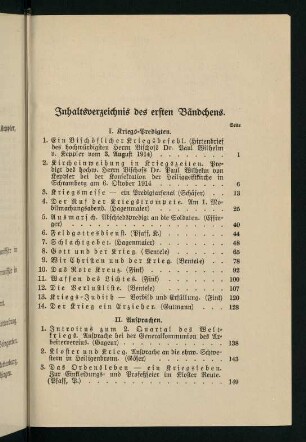 VII-VIII, Inhaltsverzeichnis des ersten Bändchens