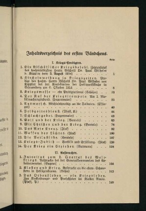 VII-VIII, Inhaltsverzeichnis des ersten Bändchens