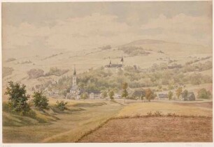 Neuhausen im Erzgebirge mit Schloss Purschenstein und Kirche von Südosten, gezeichnet am 26. September 1892