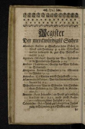 Register Der merckwürdigste Sachen.