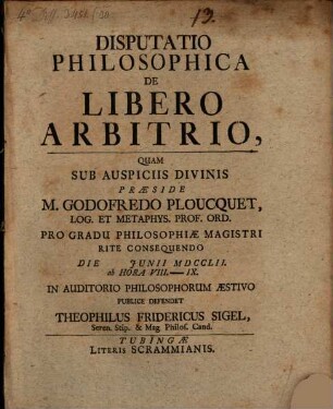 Disputatio philosophica de libero arbitrio