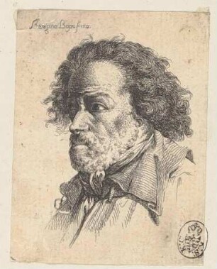 Bildnis eines Mannes mit lockigen Haaren im Halbprofil nach links, aus der Folge "Prove d'aqua forte" oder "Têtes et Croquis"