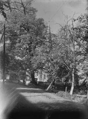 Wyhra : Wyhra. Ortsteilansicht mit Dorfteich, im Bildhintergrund links die Schule (Baujahr 1927 Architekt Curt Schiemichen) und rechts die Stephanuskirche