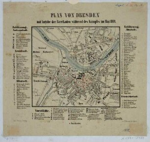Stadtplan von Dresden mit Altstadt, Neustadt und Vorstädten, einer Legende sowie den Barrikaden der Mai-Kämpfe 1849
