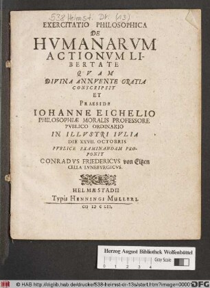 Exercitatio Philosophica De Humanarum Actionum Libertate