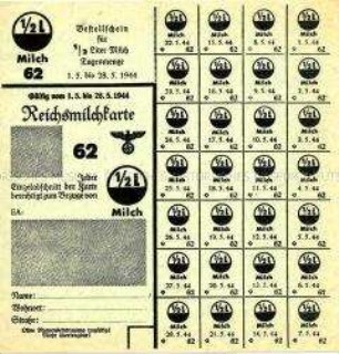 Reichsmilchkarte Nr. 62 für 1/2 l Milch