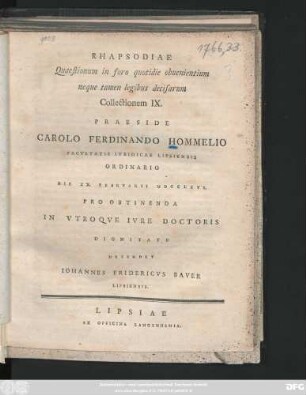 [T. 1], Coll. 9: Rhapsodia Quaestionum in foro quotidie obvenientium, neque tamen legibus decisarum