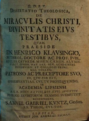Diss. theol. de miraculis Christi, divinitatis eius testibus