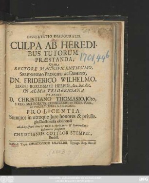 Dissertatio Inauguralis, De Culpa Ab Heredibus Tutorum Præstanda