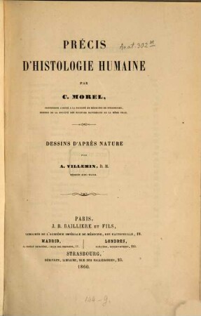 Précis d'histologie humaine : Dessins d'après nature par A. Villemin. Avec 28 planches
